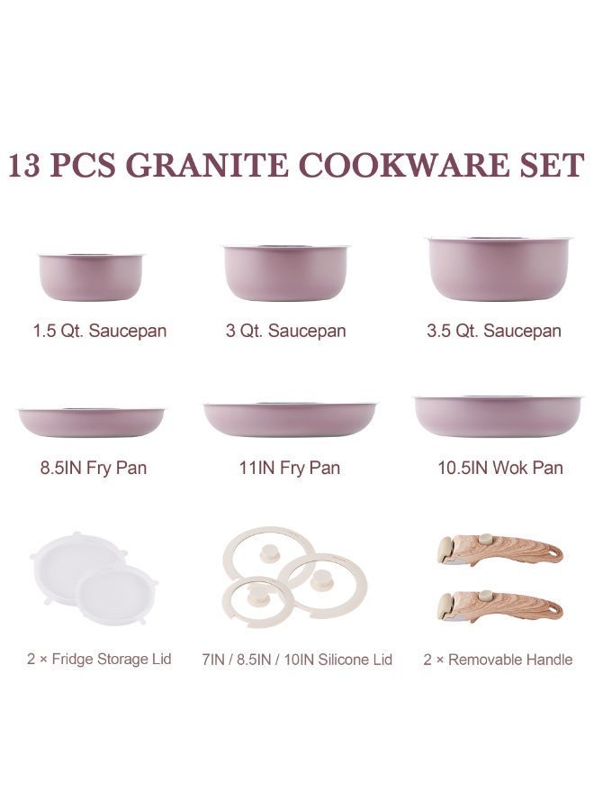 Caannasweis 13PCS Pots and Pans Set Nonstick -Kitchen Cookware Sets Detachable Handle Pot and Pan Set Removable Handle Camping Cooking Set,Compatible with Gas And Electric Stoves ，OvenSafe，Washdisher Safe Non Toxic Frying Pans for Cooking Pan Set，Purple - Image 2
